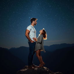 A tall, handsome, muscular man and a medium-height, beautiful woman standing closely on a mountain peak, about to kiss