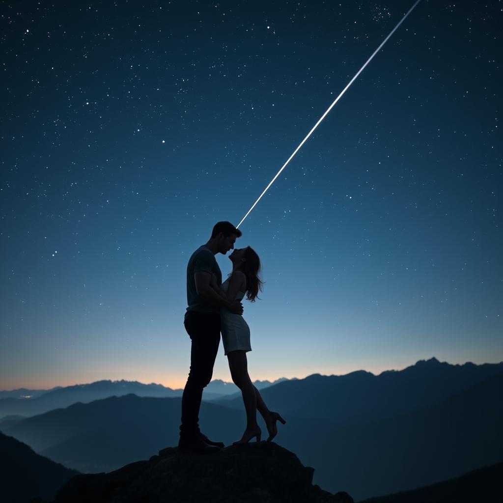 A tall, handsome, muscular man and a medium-height, beautiful woman standing closely on a mountain peak, about to kiss