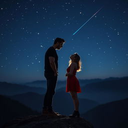 A tall, handsome, muscular man and a medium-height, beautiful woman standing closely on a mountain peak, about to kiss