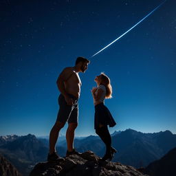 A tall, handsome, muscular man and a medium-height, beautiful woman standing closely on a mountain peak, about to kiss