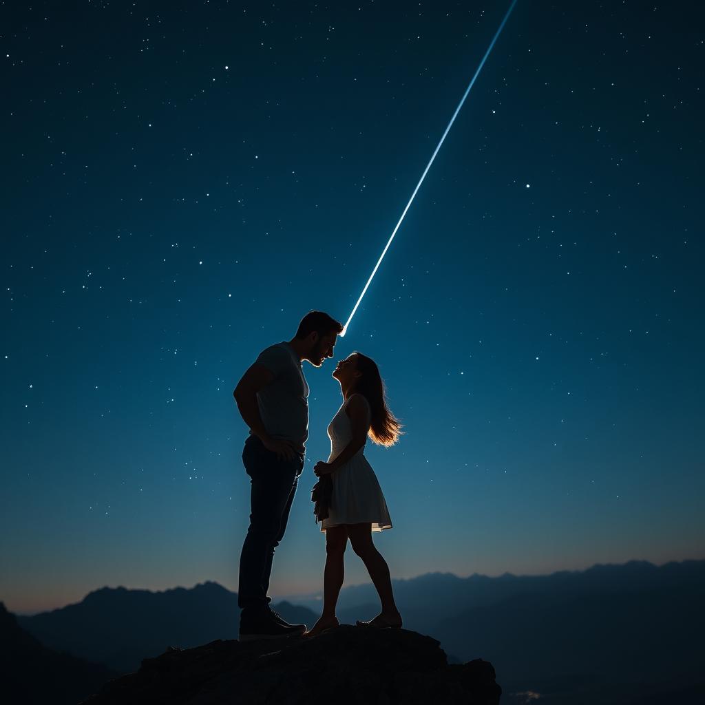 A tall, handsome, muscular man and a medium-height, beautiful woman standing closely on a mountain peak, about to kiss