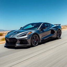 A unique fusion of a Corvette C8 and Audi RS5, designed as a 4-door sedan with a Chevrolet badge, driving dynamically on an open road under a clear blue sky