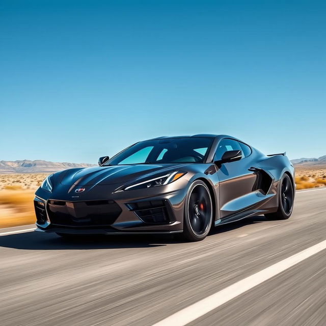 A unique fusion of a Corvette C8 and Audi RS5, designed as a 4-door sedan with a Chevrolet badge, driving dynamically on an open road under a clear blue sky