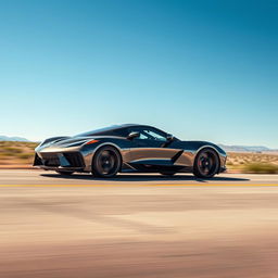 A unique fusion of a Corvette C8 and Audi RS5, designed as a 4-door sedan with a Chevrolet badge, driving dynamically on an open road under a clear blue sky