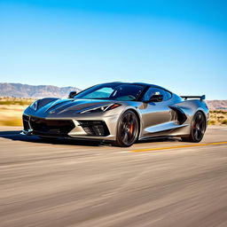 A unique fusion of a Corvette C8 and Audi RS5, designed as a 4-door sedan with a Chevrolet badge, driving dynamically on an open road under a clear blue sky