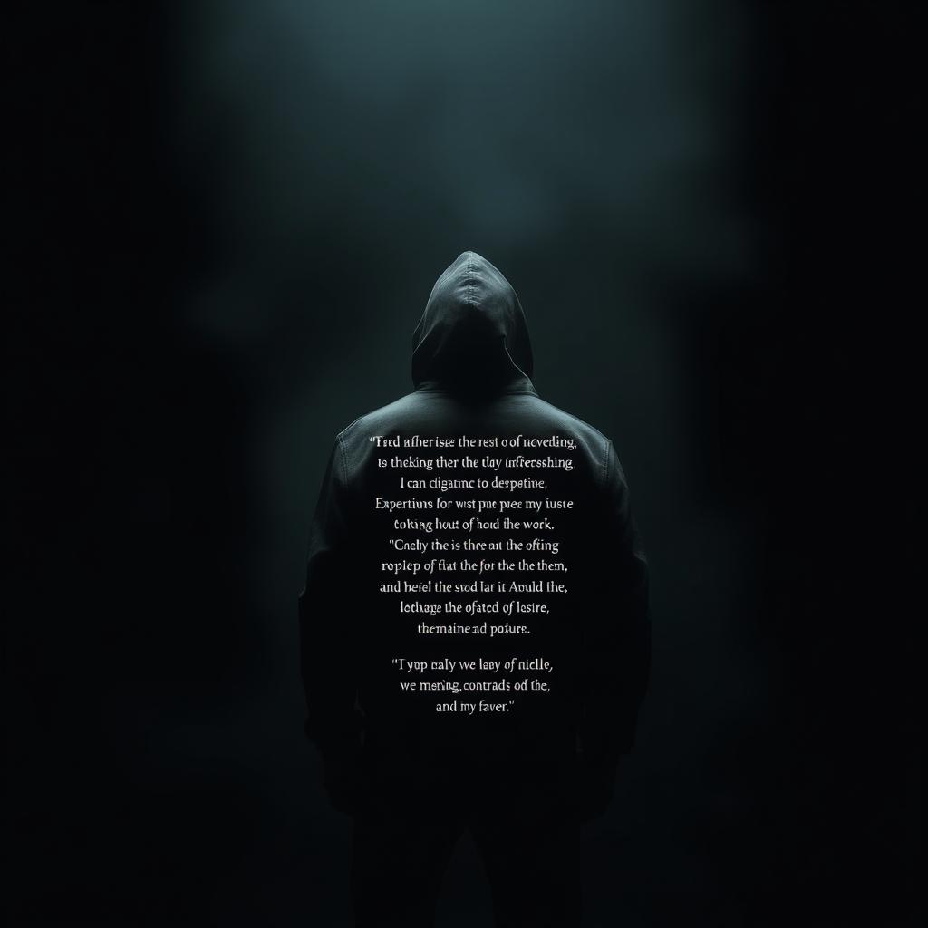 A sinister and minimalist book cover design featuring the back view of a man in a hoodie, standing in a dark, shadowy environment