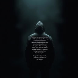 A sinister and minimalist book cover design featuring the back view of a man in a hoodie, standing in a dark, shadowy environment