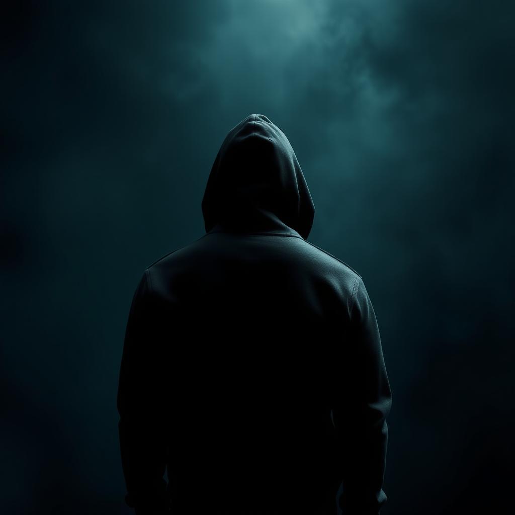 A sinister and minimalist book cover design featuring the back view of a man in a hoodie, standing in a dark, shadowy environment