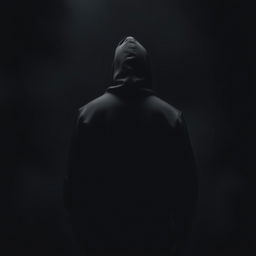 A sinister and minimalist book cover design featuring the back view of a man in a hoodie, standing in a dark, shadowy environment