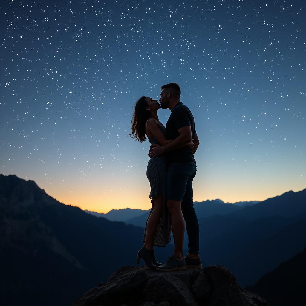 A tall, handsome, muscular man and a medium-height, beautiful woman standing closely on a mountain peak, about to kiss