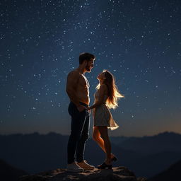 A tall, handsome, muscular man and a medium-height, beautiful woman standing closely on a mountain peak, about to kiss