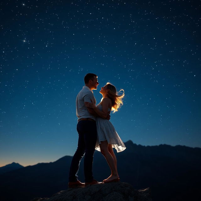 A tall, handsome, muscular man and a medium-height, beautiful woman standing closely on a mountain peak, about to kiss