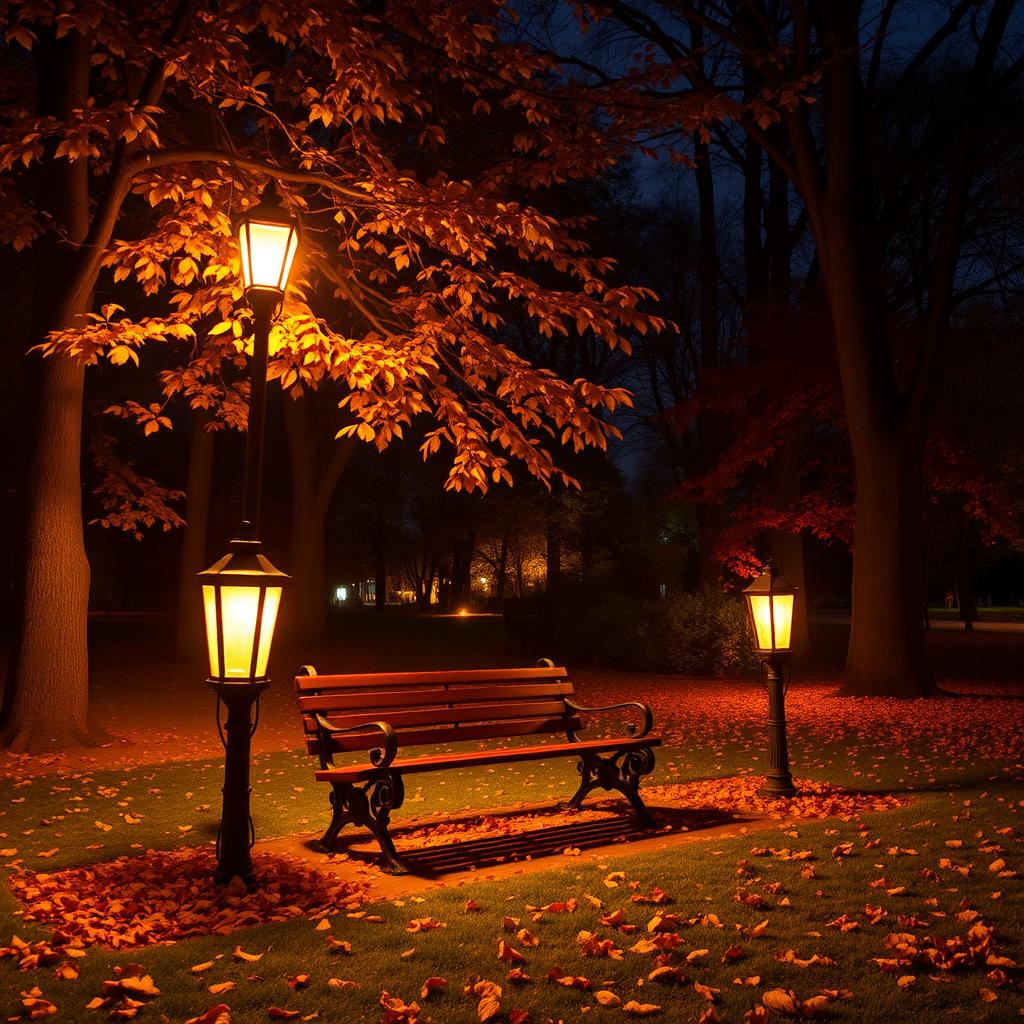 A serene night in a park during autumn, featuring a cozy park bench surrounded by trees with golden and red leaves