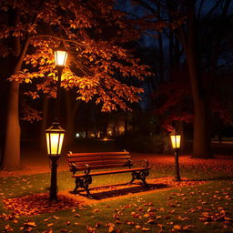 A serene night in a park during autumn, featuring a cozy park bench surrounded by trees with golden and red leaves