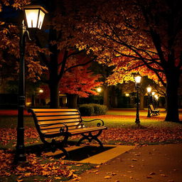 A serene night in a park during autumn, featuring a cozy park bench surrounded by trees with golden and red leaves