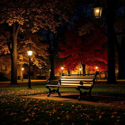 A serene night in a park during autumn, featuring a cozy park bench surrounded by trees with golden and red leaves