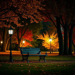 A serene night in a park during autumn, featuring a cozy park bench surrounded by trees with golden and red leaves