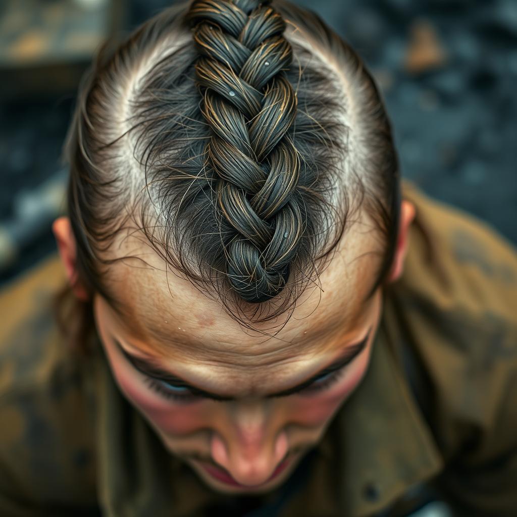 Close-up, overhead shot of a young man with long hair tied into a French braid