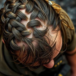 Close-up, overhead shot of a young man with long hair tied into a French braid