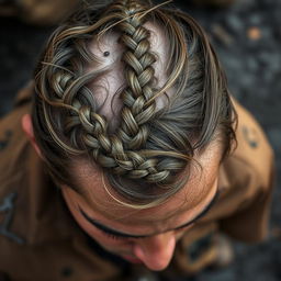 Close-up, overhead shot of a young man with long hair tied into a French braid