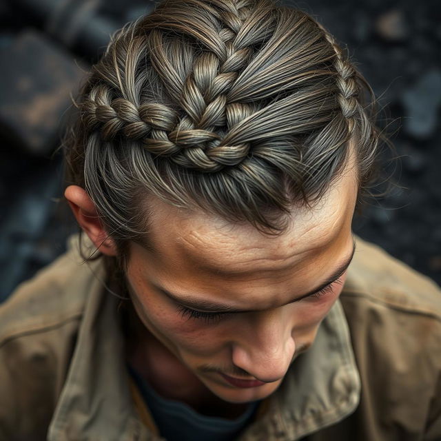 Close-up, overhead shot of a young man with long hair tied into a French braid