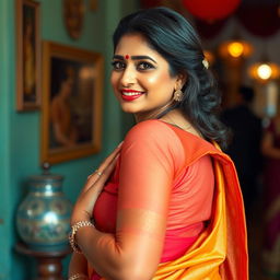 a mature Indian woman with beautiful curves, confident posture, wearing traditional Indian attire that accentuates elegance, in a vibrant and culturally rich setting, showcasing her beauty with grace and poise