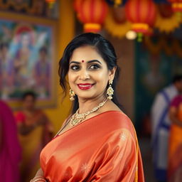 a mature Indian woman with beautiful curves, confident posture, wearing traditional Indian attire that accentuates elegance, in a vibrant and culturally rich setting, showcasing her beauty with grace and poise