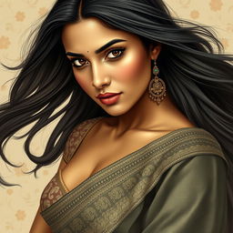 A captivating and elegant portrait of an Indian woman with long flowing hair, wearing a traditional saree with intricate patterns