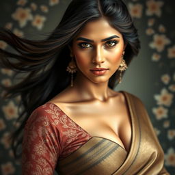 A captivating and elegant portrait of an Indian woman with long flowing hair, wearing a traditional saree with intricate patterns