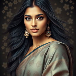 A captivating and elegant portrait of an Indian woman with long flowing hair, wearing a traditional saree with intricate patterns