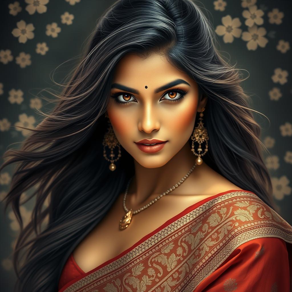 A captivating and elegant portrait of an Indian woman with long flowing hair, wearing a traditional saree with intricate patterns