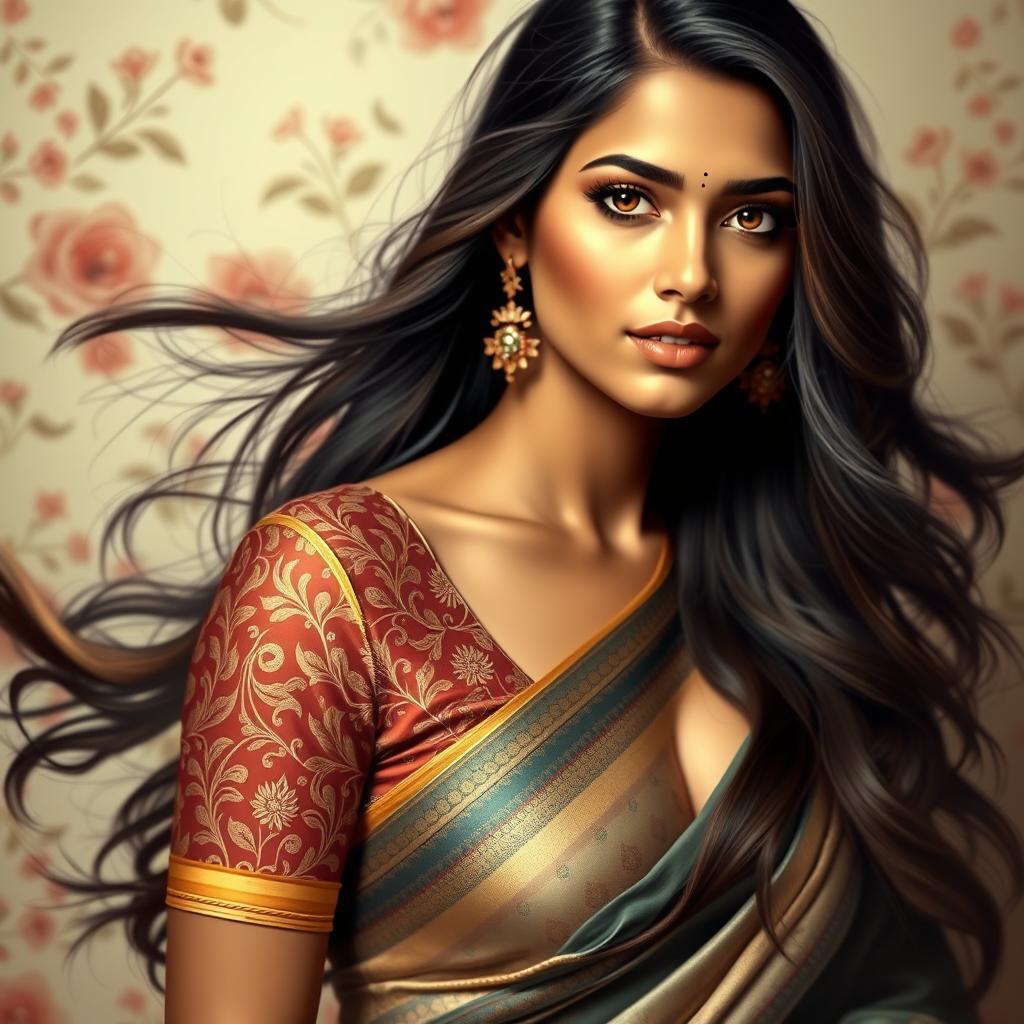 A captivating and elegant portrait of an Indian woman with long flowing hair, wearing a traditional saree with intricate patterns