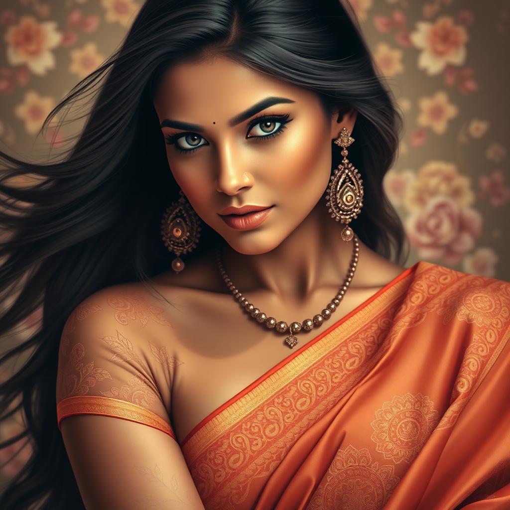 A captivating and elegant portrait of an Indian woman with long flowing hair, wearing a traditional saree with intricate patterns