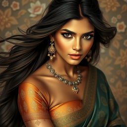 A captivating and elegant portrait of an Indian woman with long flowing hair, wearing a traditional saree with intricate patterns