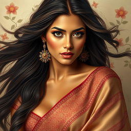 A captivating and elegant portrait of an Indian woman with long flowing hair, wearing a traditional saree with intricate patterns