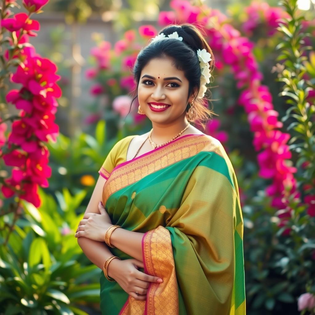 Indian bhabhi in a traditional saree, standing gracefully amidst a beautiful Indian garden