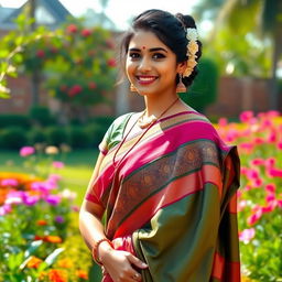 Indian bhabhi in a traditional saree, standing gracefully amidst a beautiful Indian garden