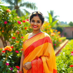 Indian bhabhi in a traditional saree, standing gracefully amidst a beautiful Indian garden