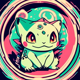 Retro anime profile of Bulbasaur glitching within a cool circle border.