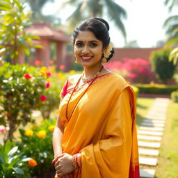 Indian bhabhi in a traditional saree, standing gracefully amidst a beautiful Indian garden