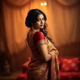 Indian bhabhi in a sensual, traditional setting, wearing an intricately designed saree draped in a way that reveals the beauty and elegance of her form