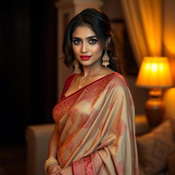 Indian bhabhi in a sensual, traditional setting, wearing an intricately designed saree draped in a way that reveals the beauty and elegance of her form