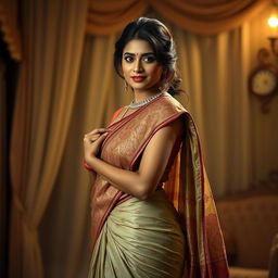 Indian bhabhi in a sensual, traditional setting, wearing an intricately designed saree draped in a way that reveals the beauty and elegance of her form