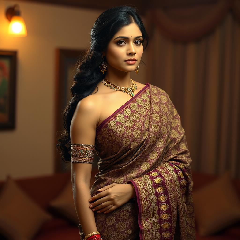 Indian bhabhi in a sensual, traditional setting, wearing an intricately designed saree draped in a way that reveals the beauty and elegance of her form