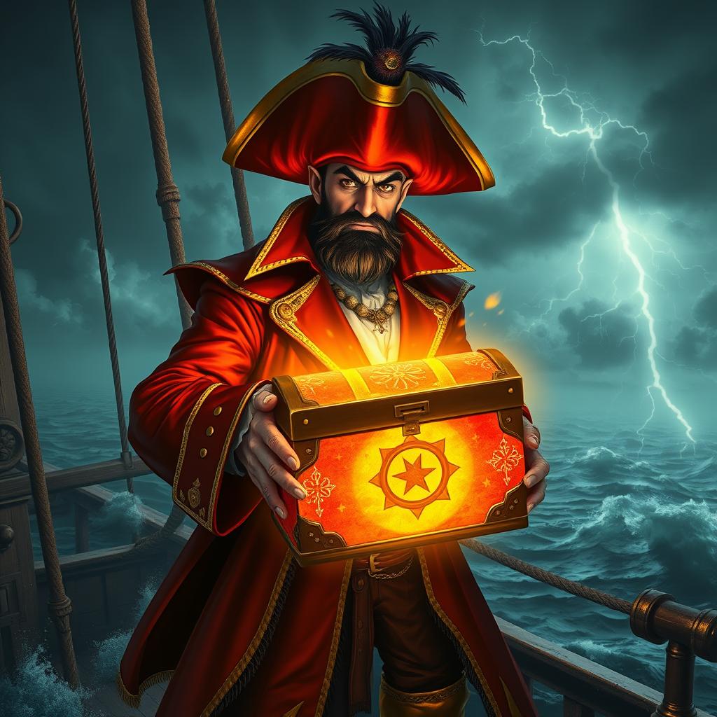 An evil male pirate with short black hair and a pointy beard, wearing an intricate red pirate costume
