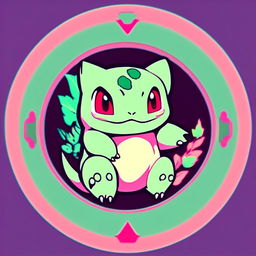 Retro anime profile of Bulbasaur glitching within a cool circle border.