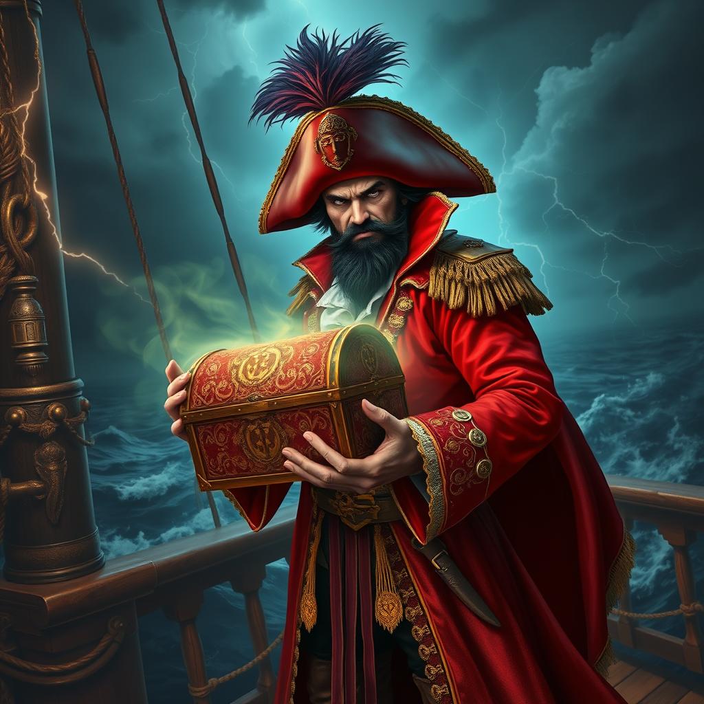 An evil male pirate with short black hair and a pointy beard, wearing an intricate red pirate costume