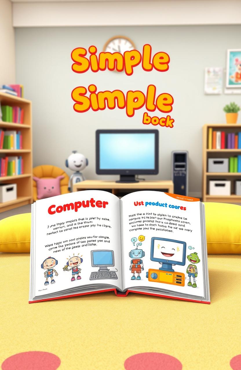 An engaging and colorful image illustrating a simple computer book designed for primary school children