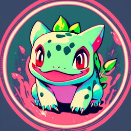 Retro anime profile of Bulbasaur glitching within a cool circle border.