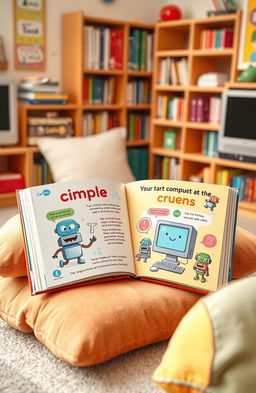 An engaging and colorful image illustrating a simple computer book designed for primary school children